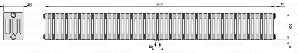Схема (чертеж) Радиатор Zehnder Charleston 6030/53 №5410 Белый глянцевый RAL 9016